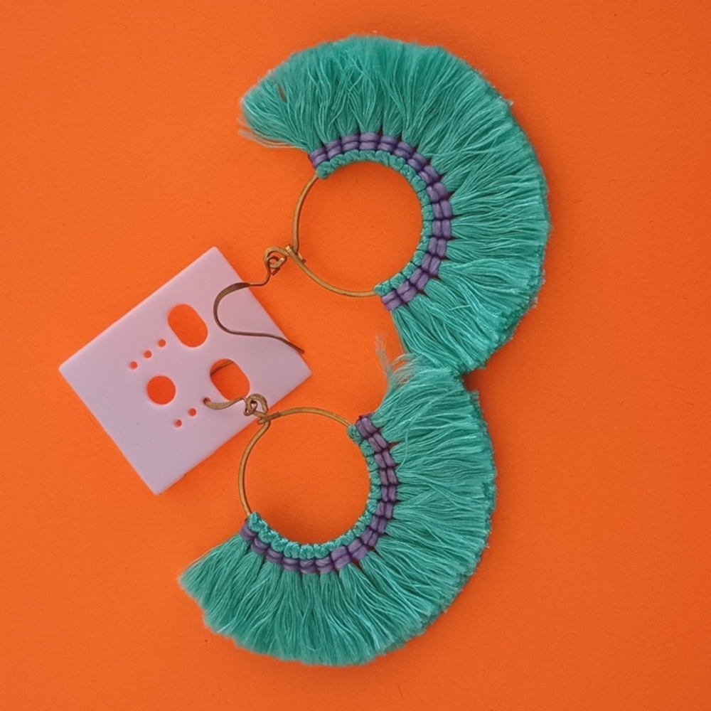 Turquoise and Purple Tassel Hoop Earrings